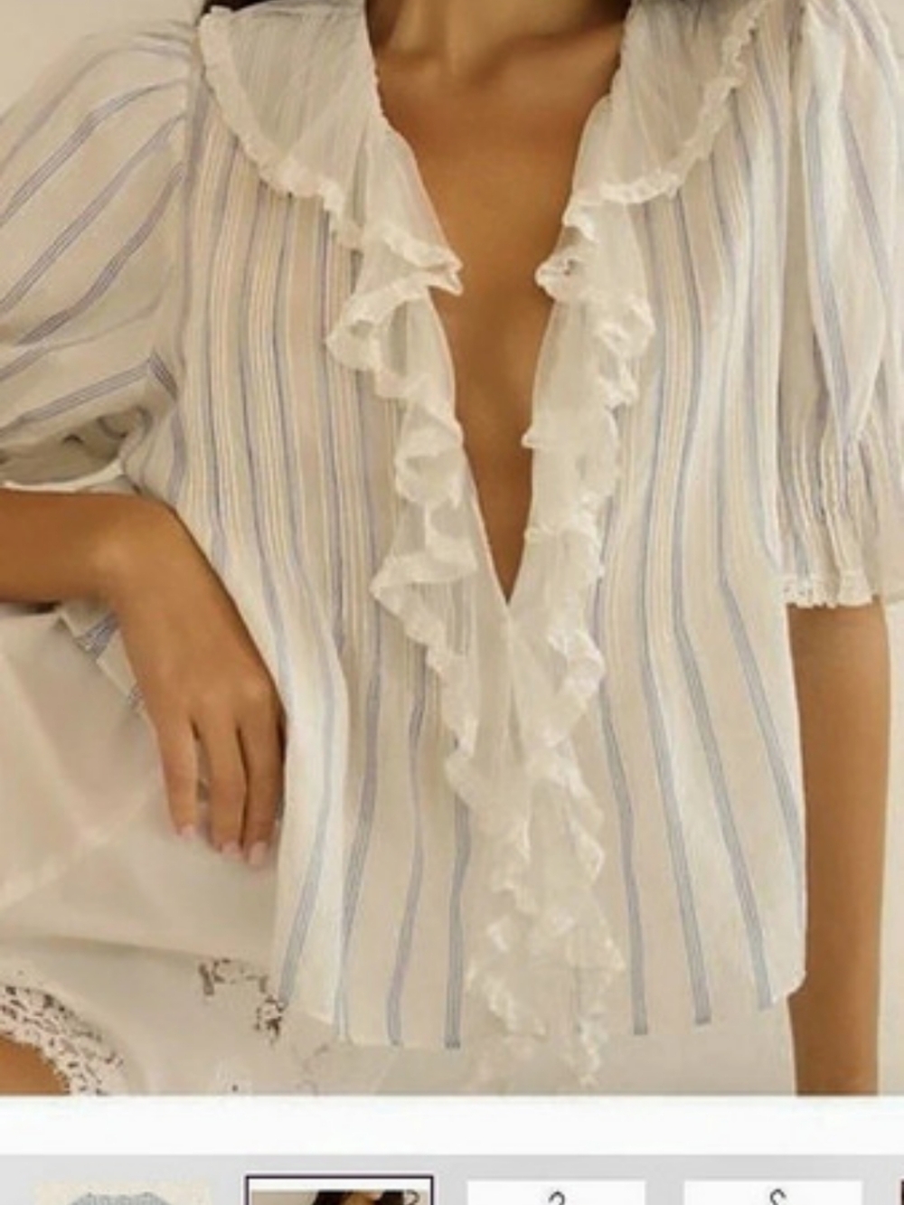 Doen Striped Ruffle Blouse in White & Blue New Without Tags